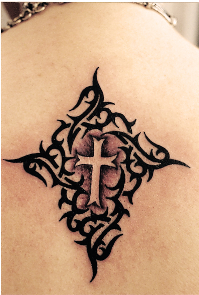 Tribal Cross Back Tattoo by Captain Bret